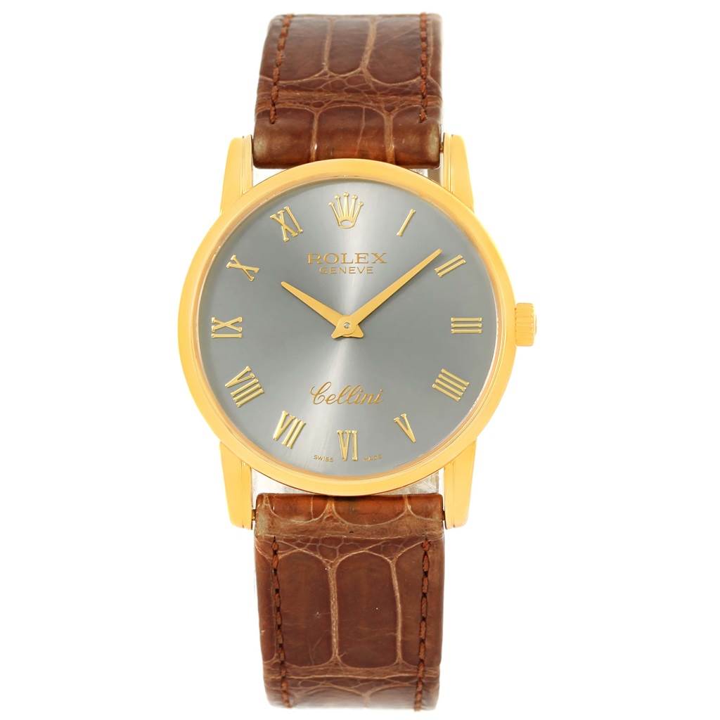 This image shows a front view of a Rolex Cellini 5116 Men's Yellow Gold Grey Dial 5116 Men's Yellow Gold Grey Dial model watch with a gold-tone case and brown leather strap.