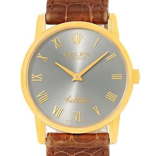 Photo of Rolex Cellini Classic 18k Yellow Gold Slate Dial Brown Strap Watch 5116