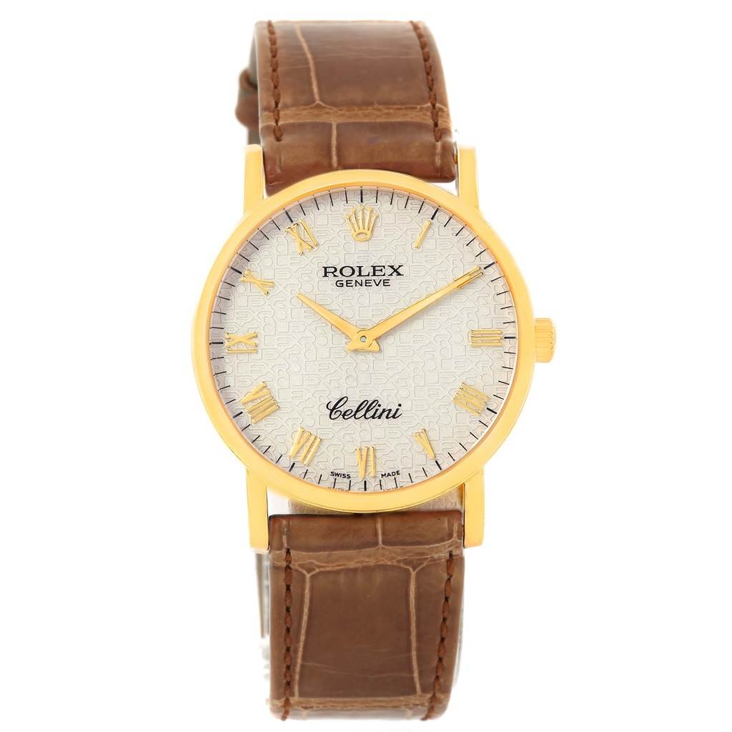 This image shows a front view of the Rolex Cellini 5115 Men
s Yellow Gold Beige Dial 5115 Men
s Yellow Gold Beige Dial watch, highlighting its round dial, gold case, and brown leather strap.