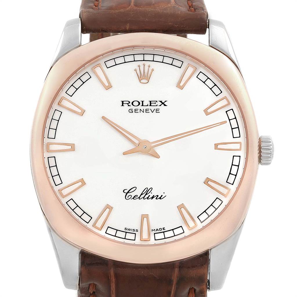 The Rolex Cellini 4243 Men's White Gold White Dial 4243 Men's White Gold White Dial watch is shown from the front angle, displaying its dial, hands, bezel, and leather strap.