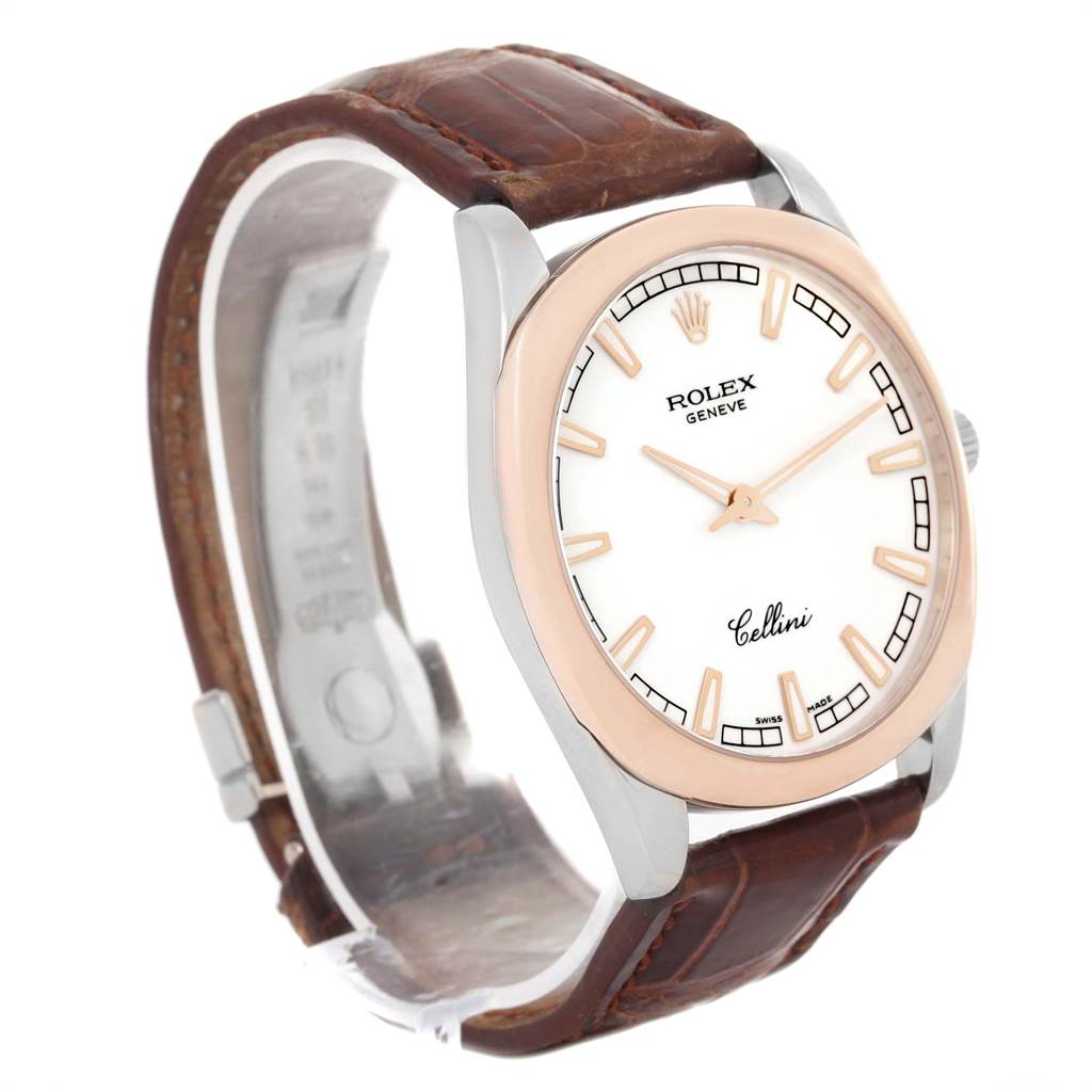 This image shows a Rolex Cellini 4243 Men's White Gold White Dial 4243 Men's White Gold White Dial watch from a front-side angle, highlighting its dial, case, and leather strap.