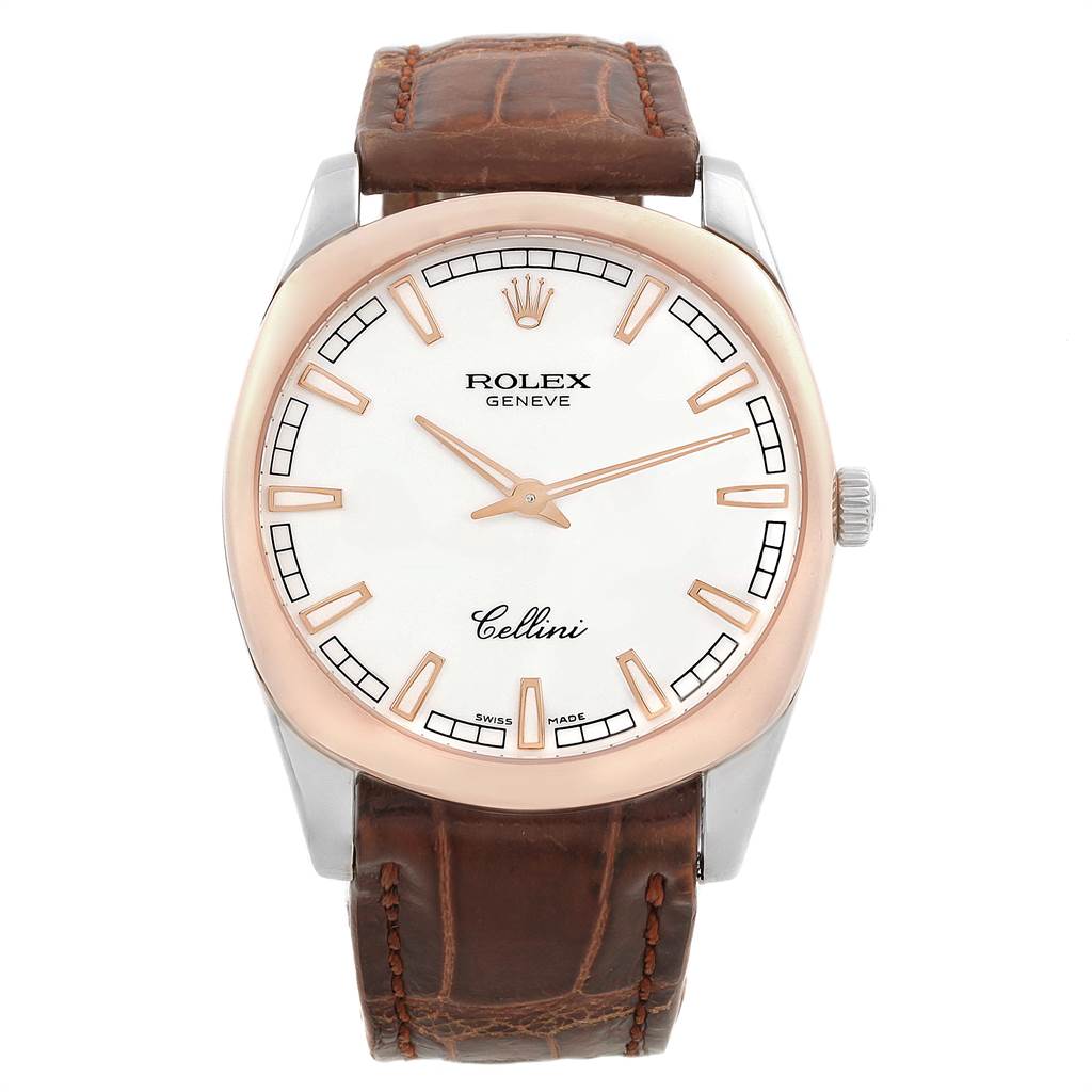 This image shows a Rolex Cellini 4243 Men's White Gold White Dial 4243 Men's White Gold White Dial watch from a front angle, highlighting the watch face, bezel, and leather strap.