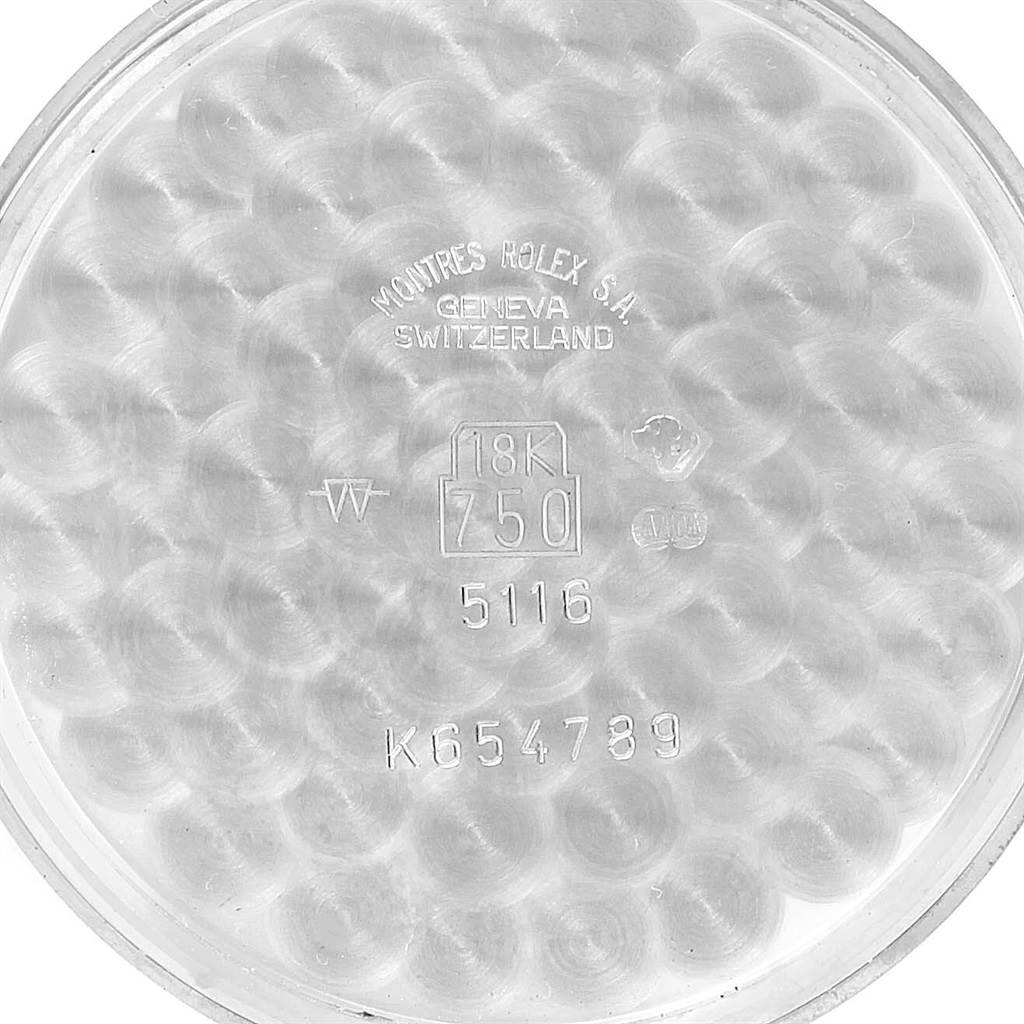 This image shows the inner case back of a Rolex Cellini 5116 Men
s White Gold Silver Dial 5116 Men
s White Gold Silver Dial watch, featuring model inscriptions and material details.