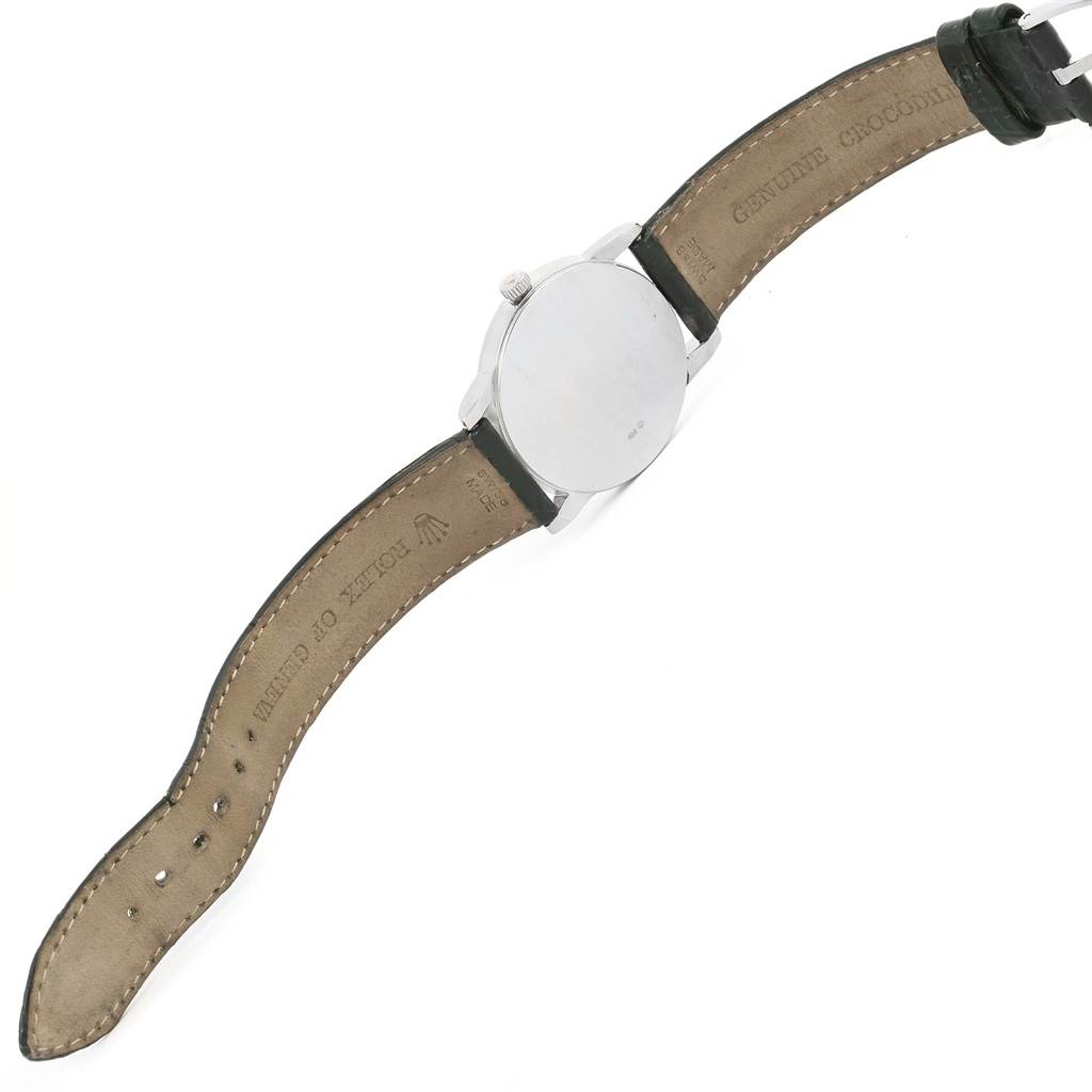 This image shows the back view of a Rolex Cellini 5116 Men
s White Gold Silver Dial 5116 Men
s White Gold Silver Dial watch, highlighting the leather strap and case back.