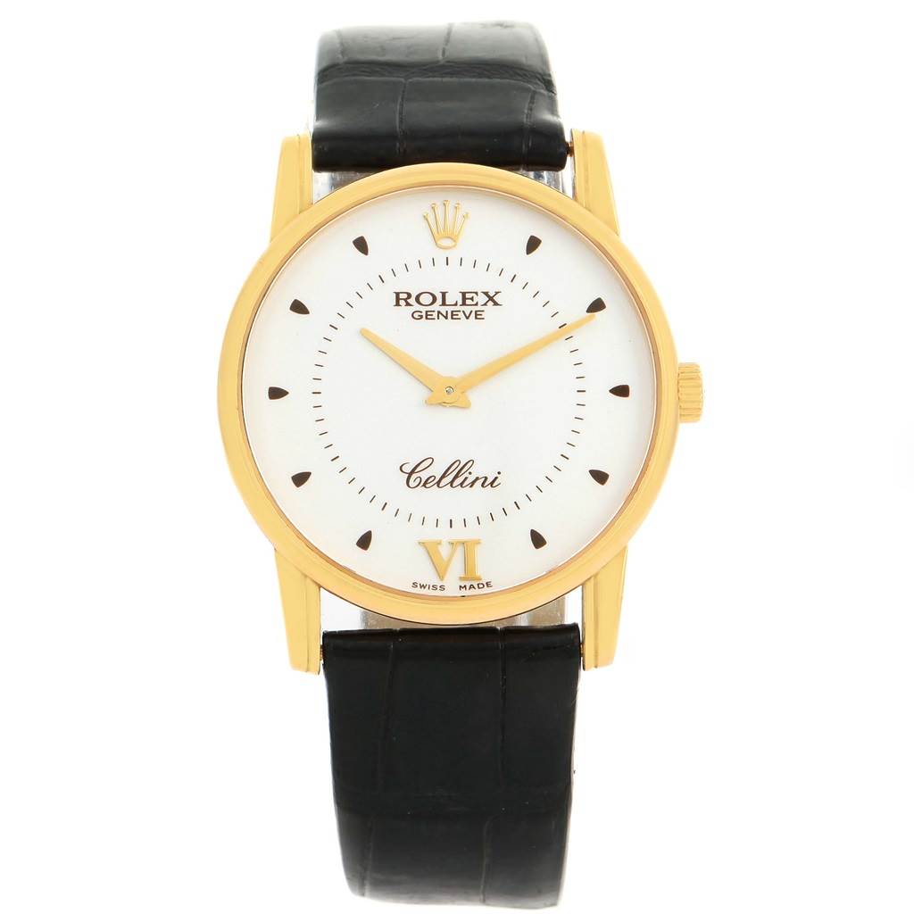 The image shows a Rolex Cellini 5116 Men's Yellow Gold Silver Dial 5116 Men's Yellow Gold Silver Dial watch from a front view, featuring its face, gold casing, and black leather strap.
