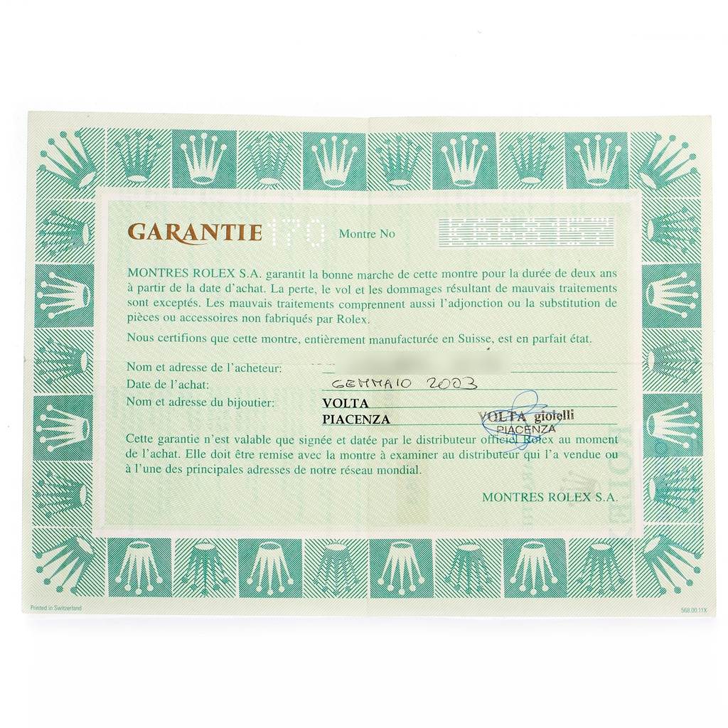 This image shows the warranty certificate for a Rolex Cellini 5116 Men's Yellow Gold Silver Dial 5116 Men's Yellow Gold Silver Dial watch.