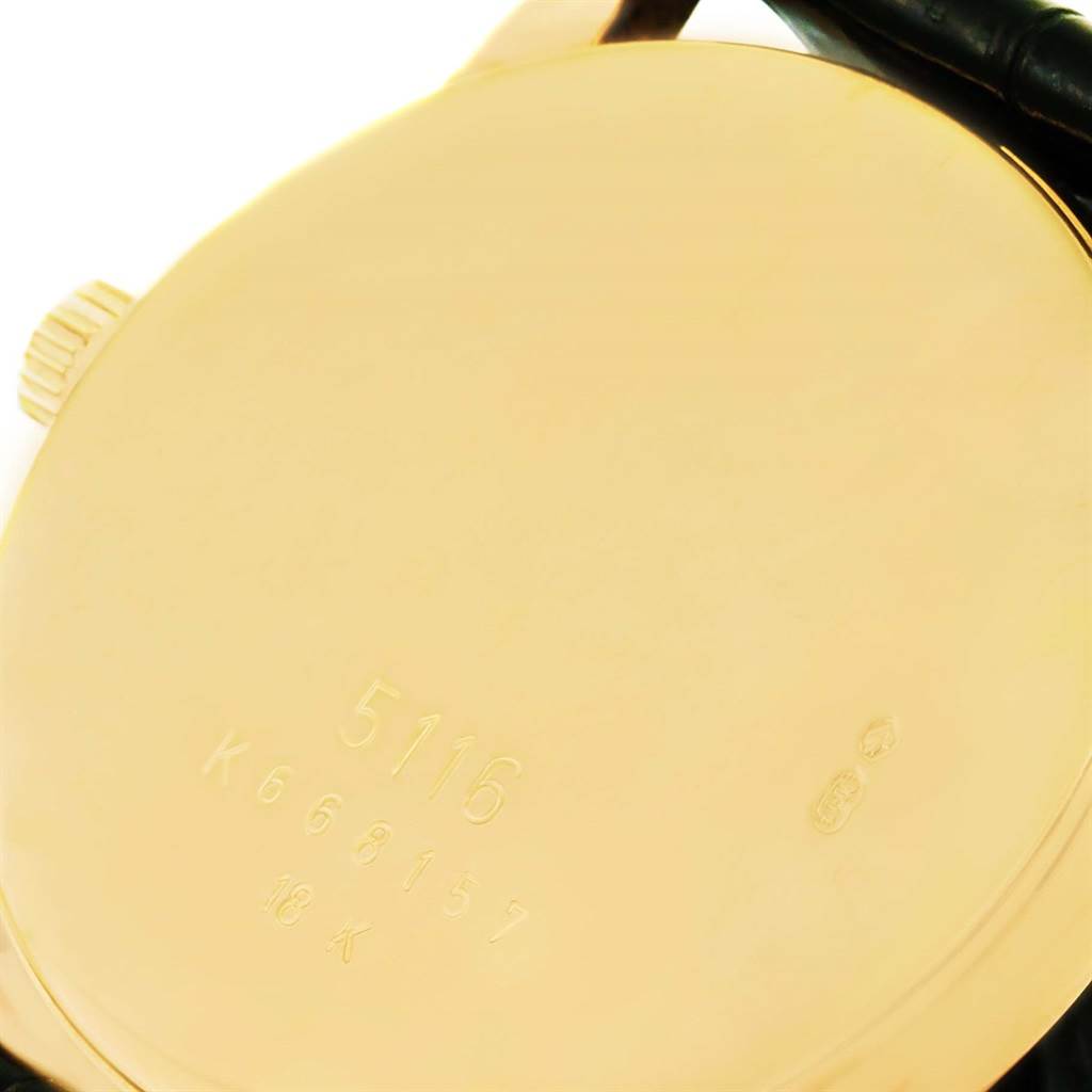 This image shows the back of the Rolex Cellini 5116 Men's Yellow Gold Silver Dial 5116 Men's Yellow Gold Silver Dial watch, featuring its gold case and engraved model number.