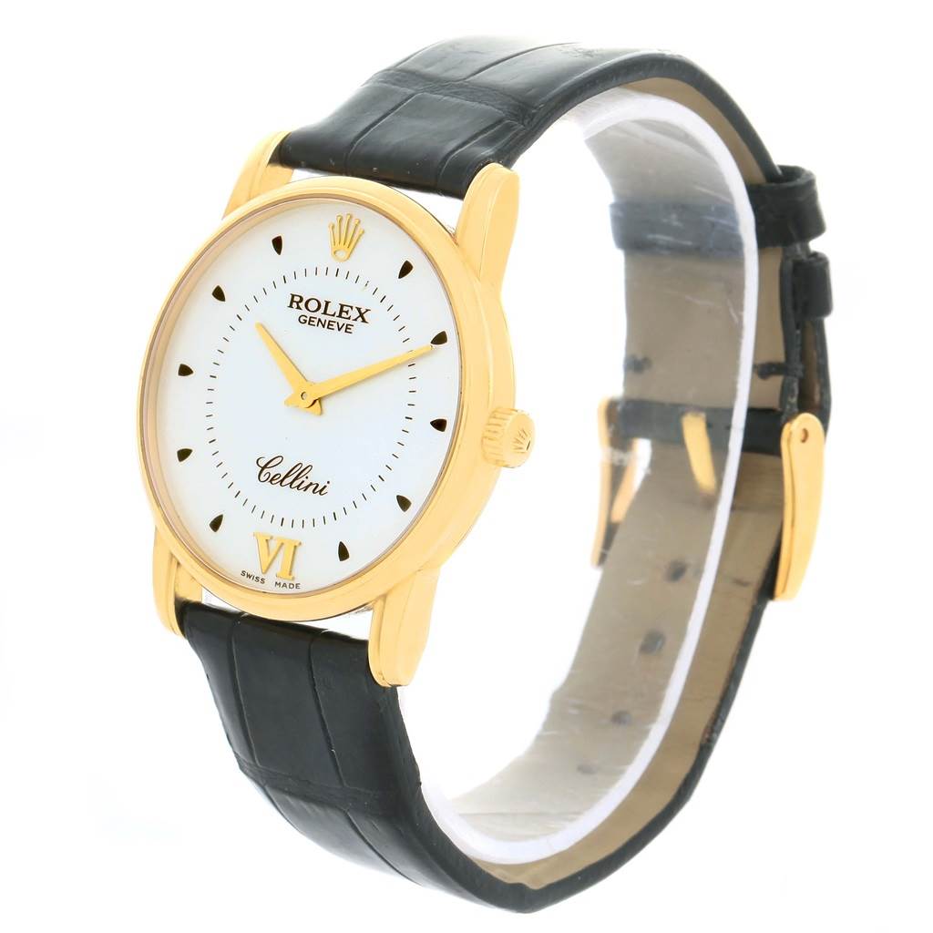 The image shows a Rolex Cellini 5116 Men's Yellow Gold Silver Dial 5116 Men's Yellow Gold Silver Dial watch at a slight angle, displaying the dial, case, and leather strap.
