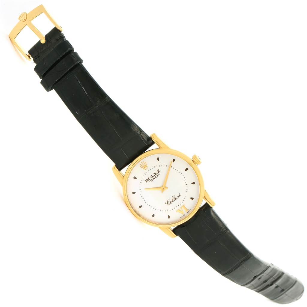 The image shows a full front view of a Rolex Cellini 5116 Men's Yellow Gold Silver Dial 5116 Men's Yellow Gold Silver Dial watch with a black strap and gold case.