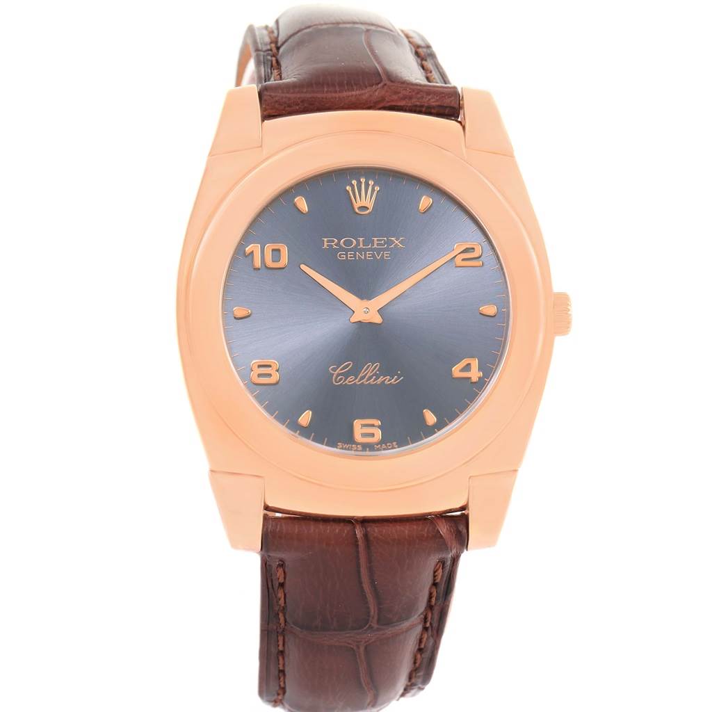 This Rolex Cellini 5330 Men's Rose Gold Grey Dial 5330 Men's Rose Gold Grey Dial watch is shown from a frontal angle, displaying its face, dial, hands, case, and leather strap.