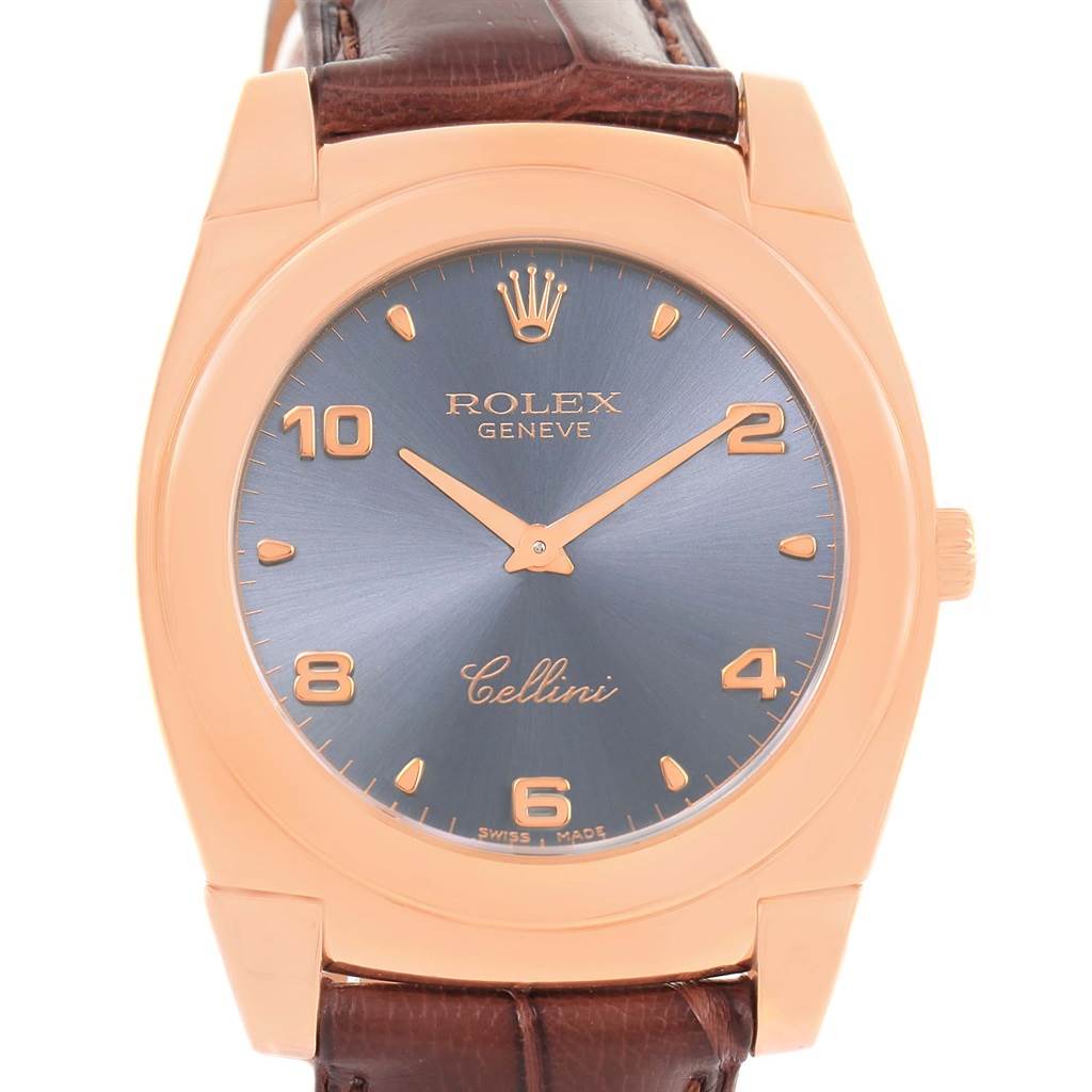 This image shows a Rolex Cellini 5330 Men's Rose Gold Grey Dial 5330 Men's Rose Gold Grey Dial watch from a frontal angle, highlighting its face, bezel, and part of its brown leather strap.