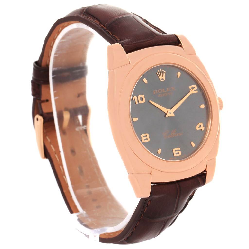 This image shows a side and front angle of a Rolex Cellini 5330 Men's Rose Gold Grey Dial 5330 Men's Rose Gold Grey Dial watch with a brown leather strap.