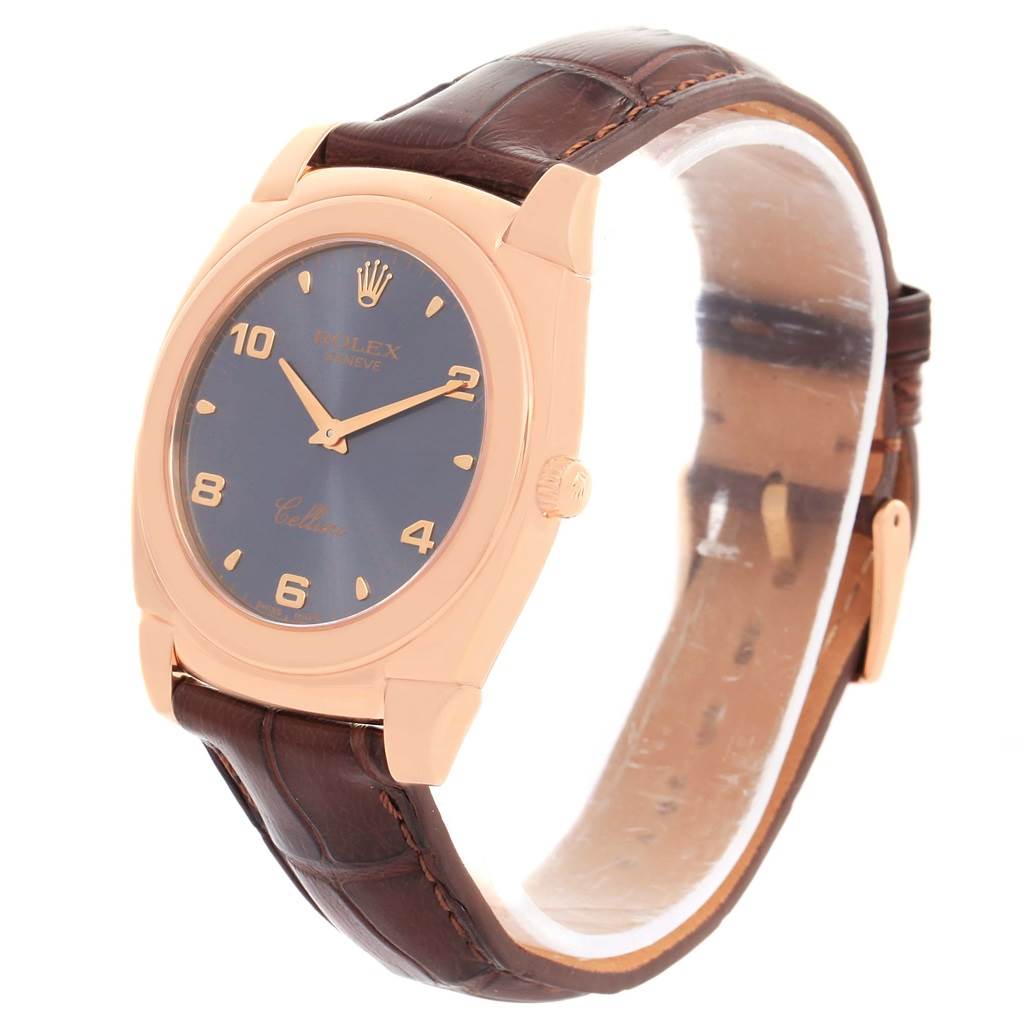 The Rolex Cellini 5330 Men's Rose Gold Grey Dial 5330 Men's Rose Gold Grey Dial watch is shown at a slight angle, displaying the face, casing, crown, and leather strap.