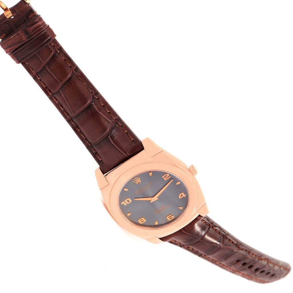 This image shows a Rolex Cellini 5330 Men's Rose Gold Grey Dial 5330 Men's Rose Gold Grey Dial watch at an oblique angle, highlighting its dial, case, crown, and leather strap.