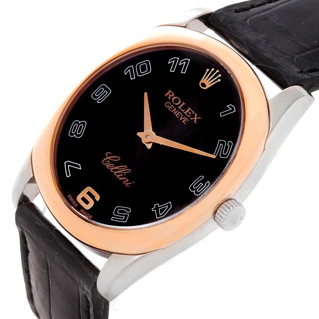 The Rolex Cellini 4233 Men's White Gold Black Dial 4233 Men's White Gold Black Dial watch is shown at an angle displaying the dial, case, crown, and partial leather strap.
