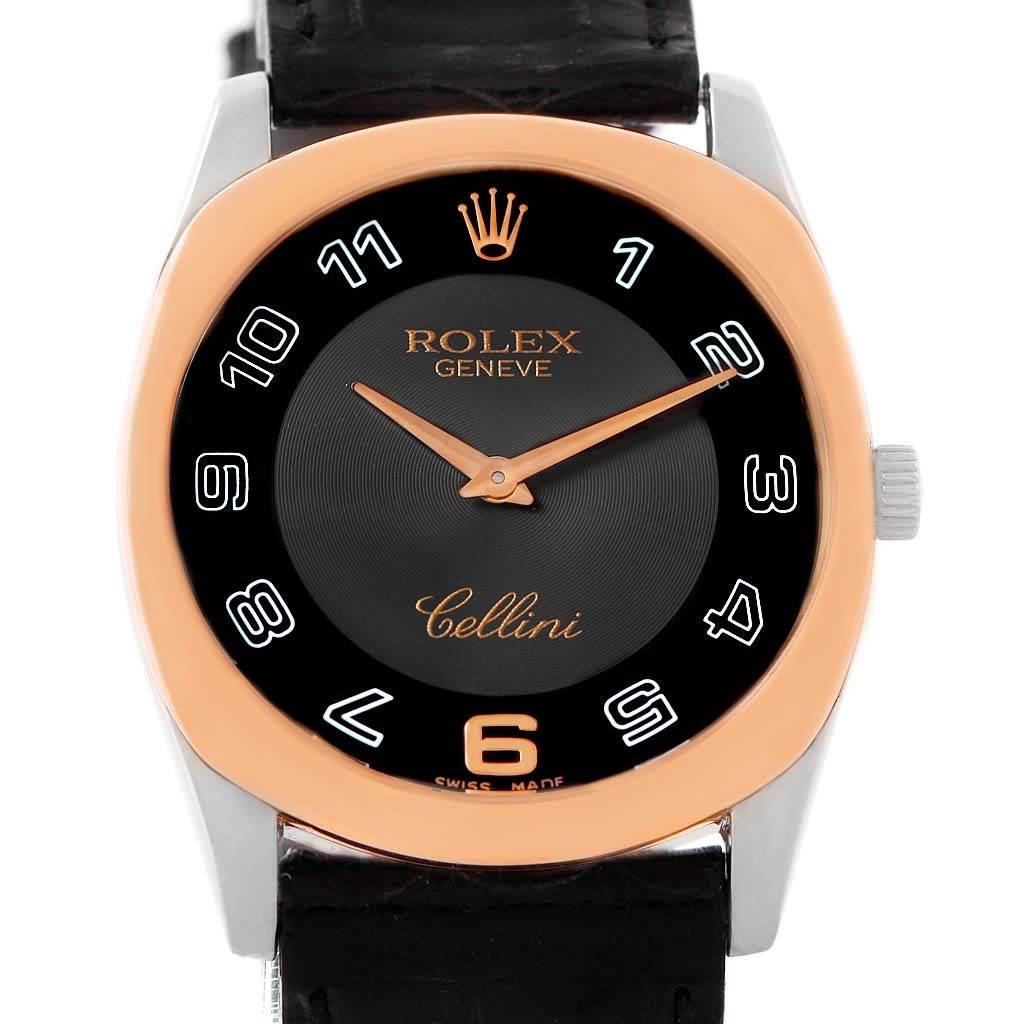 The image shows a front view of a Rolex Cellini 4233 Men's White Gold Black Dial 4233 Men's White Gold Black Dial watch, highlighting its face, dial, and strap.