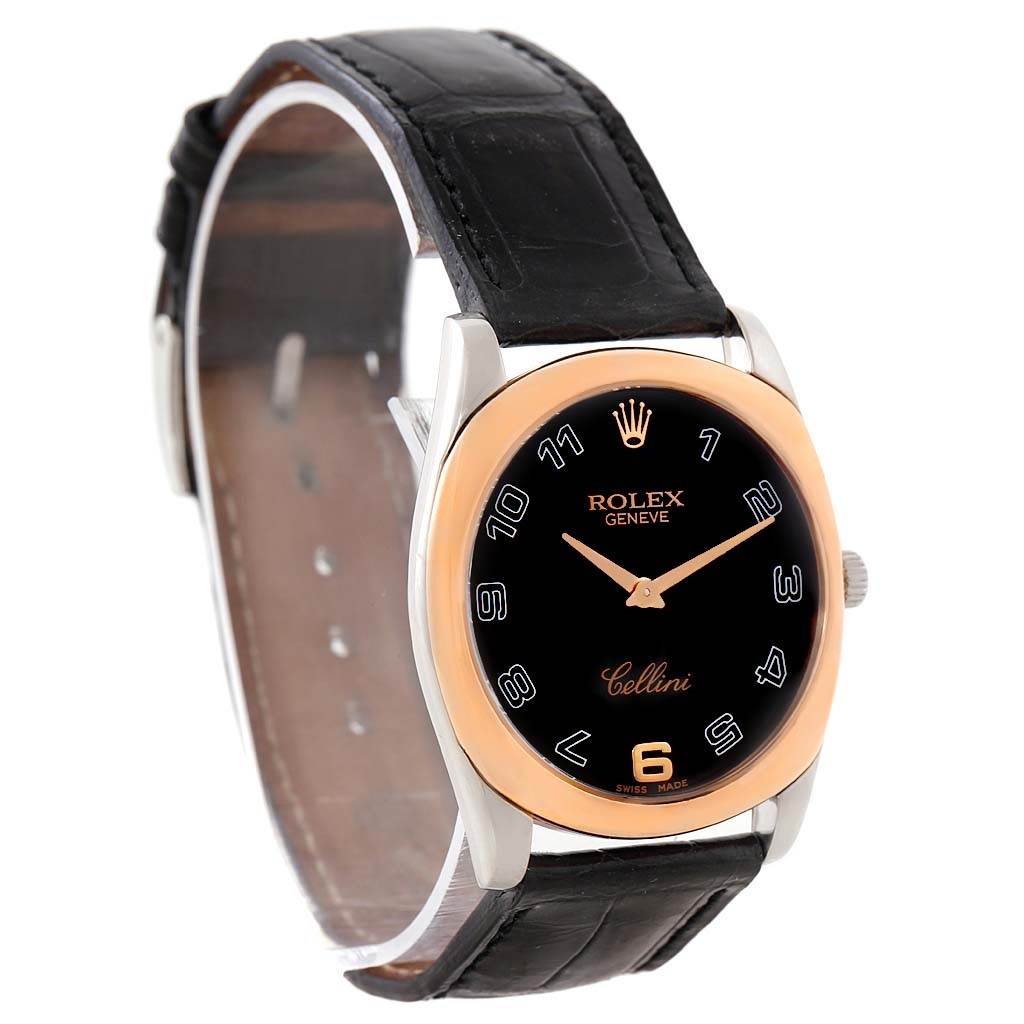 The image shows a Rolex Cellini 4233 Men's White Gold Black Dial 4233 Men's White Gold Black Dial watch with a black leather strap and gold bezel, viewed from a three-quarter angle.
