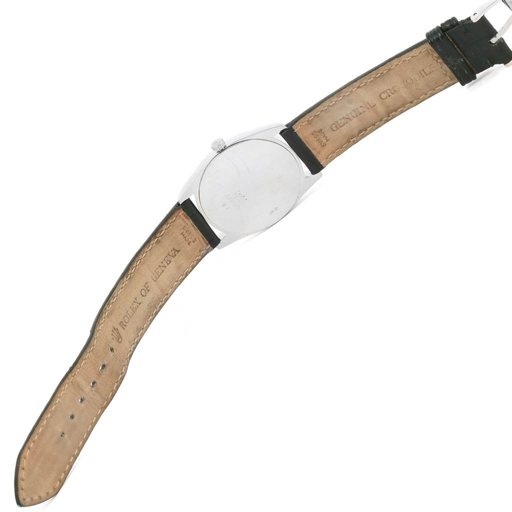 The image shows the back of a Rolex Cellini 4233 Men's White Gold Black Dial 4233 Men's White Gold Black Dial watch, displaying the leather strap and case back.