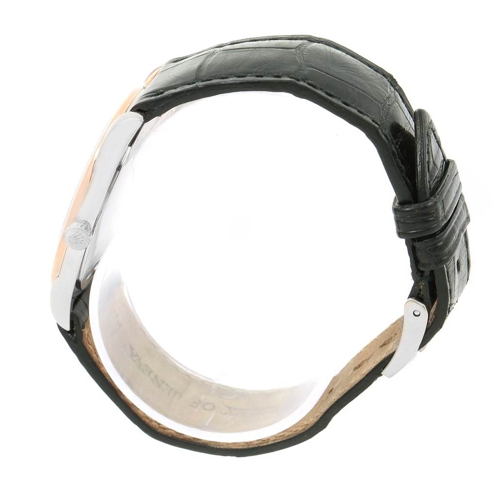 The image shows the Rolex Cellini 4233 Men's White Gold Black Dial 4233 Men's White Gold Black Dial model watch from a side angle, highlighting the strap and buckle.