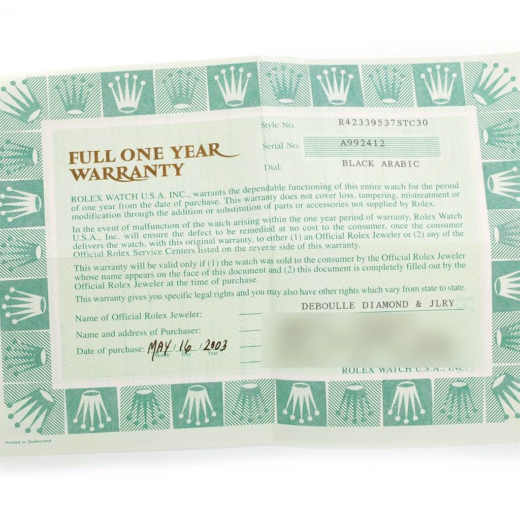 This image shows the warranty card for a Rolex Cellini 4233 Men's White Gold Black Dial 4233 Men's White Gold Black Dial watch, including the serial number, style, and purchase details.