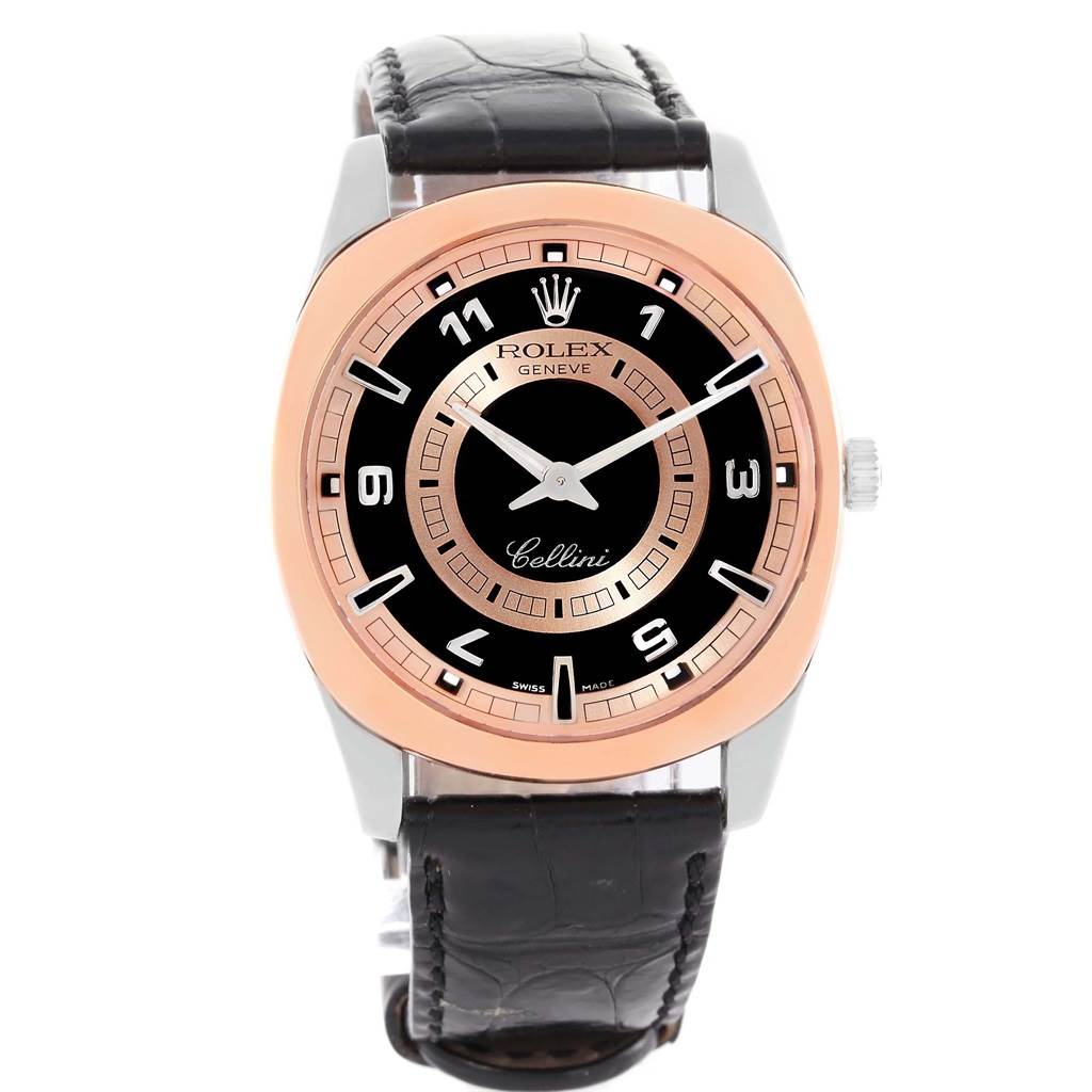 The image shows a front view of a Rolex Cellini 4243 Men
s White Gold Black Dial 4243 Men
s White Gold Black Dial watch, featuring its dial, bezel, and strap.