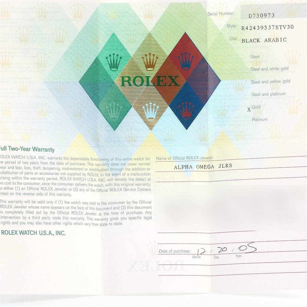 The image shows the warranty card for a Rolex Cellini 4243 Men
s White Gold Black Dial 4243 Men
s White Gold Black Dial, detailing the serial number, style, dial type, and purchase information.