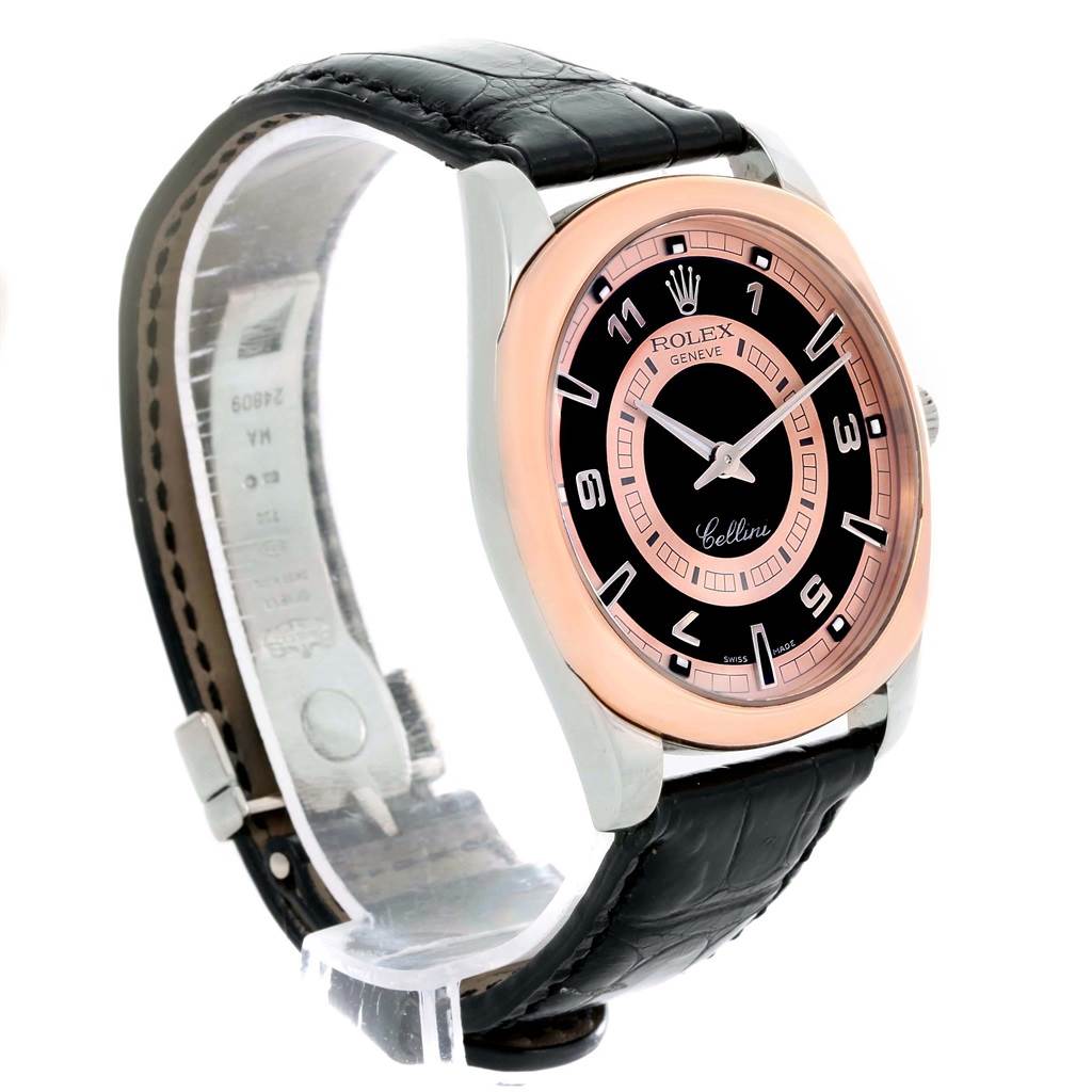 The image shows a Rolex Cellini 4243 Men
s White Gold Black Dial 4243 Men
s White Gold Black Dial watch at an angled side view, displaying its dial, bezel, and black leather strap.