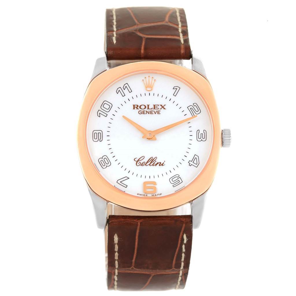 The Rolex Cellini 4233 Men
s White Gold White Dial 4233 Men
s White Gold White Dial watch is shown at a front angle, displaying the dial, case, crown, and leather strap.