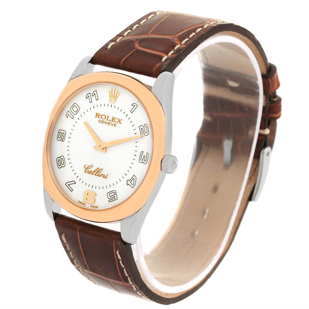 The image shows a Rolex Cellini 4233 Men
s White Gold White Dial 4233 Men
s White Gold White Dial watch from a front angle, highlighting the face, bezel, crown, and leather strap.