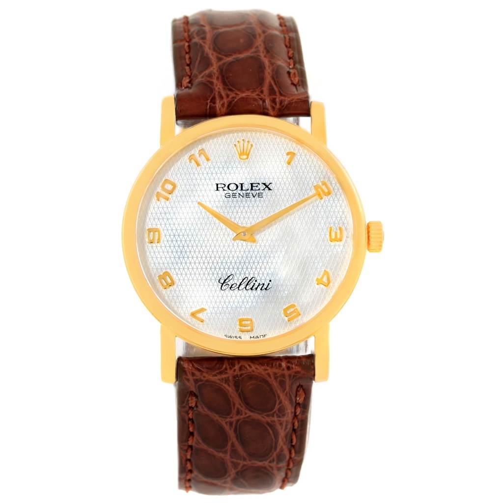 This Rolex Cellini 5115 Men's Yellow Gold Mother of Pearl Dial 5115 Men's Yellow Gold Mother of Pearl Dial watch is shown from a front angle, highlighting the dial, crown, and leather strap.