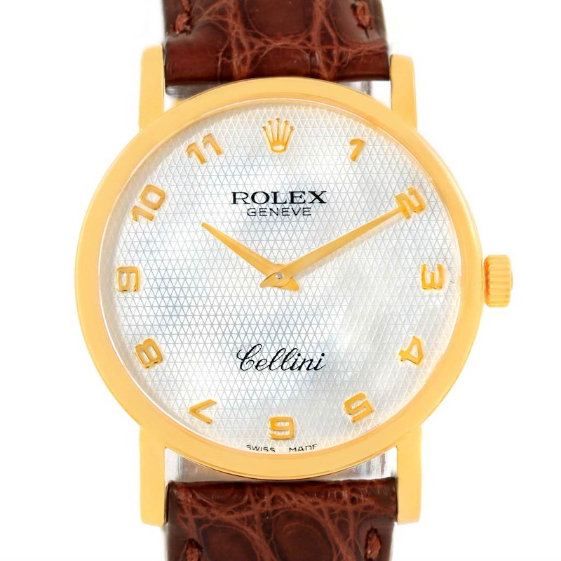 Rolex Cellini Classic Yellow Gold Mother of Pearl Brown Strap Watch 5115 SwissWatchExpo