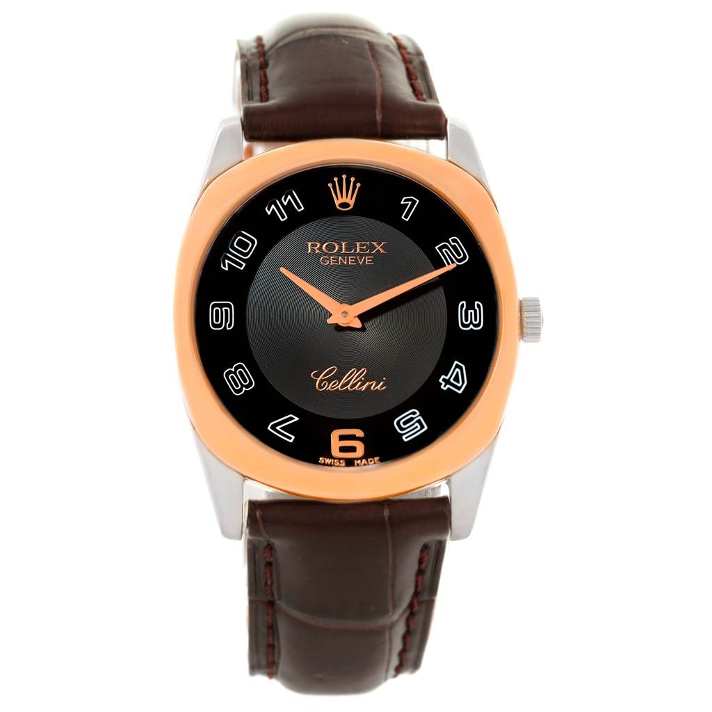 The image displays a frontal view of a Rolex Cellini 4233 Men
s White Gold Black Dial 4233 Men
s White Gold Black Dial watch, showcasing its face, hands, casing, and leather strap.