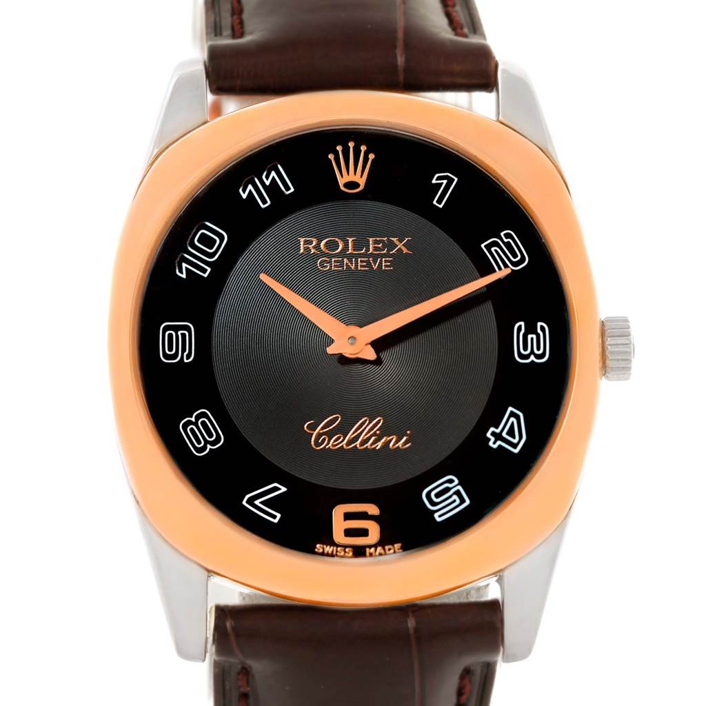 The image shows a front view of a Rolex Cellini 4233 Men
s White Gold Black Dial 4233 Men
s White Gold Black Dial watch, highlighting its dial and part of the leather strap.