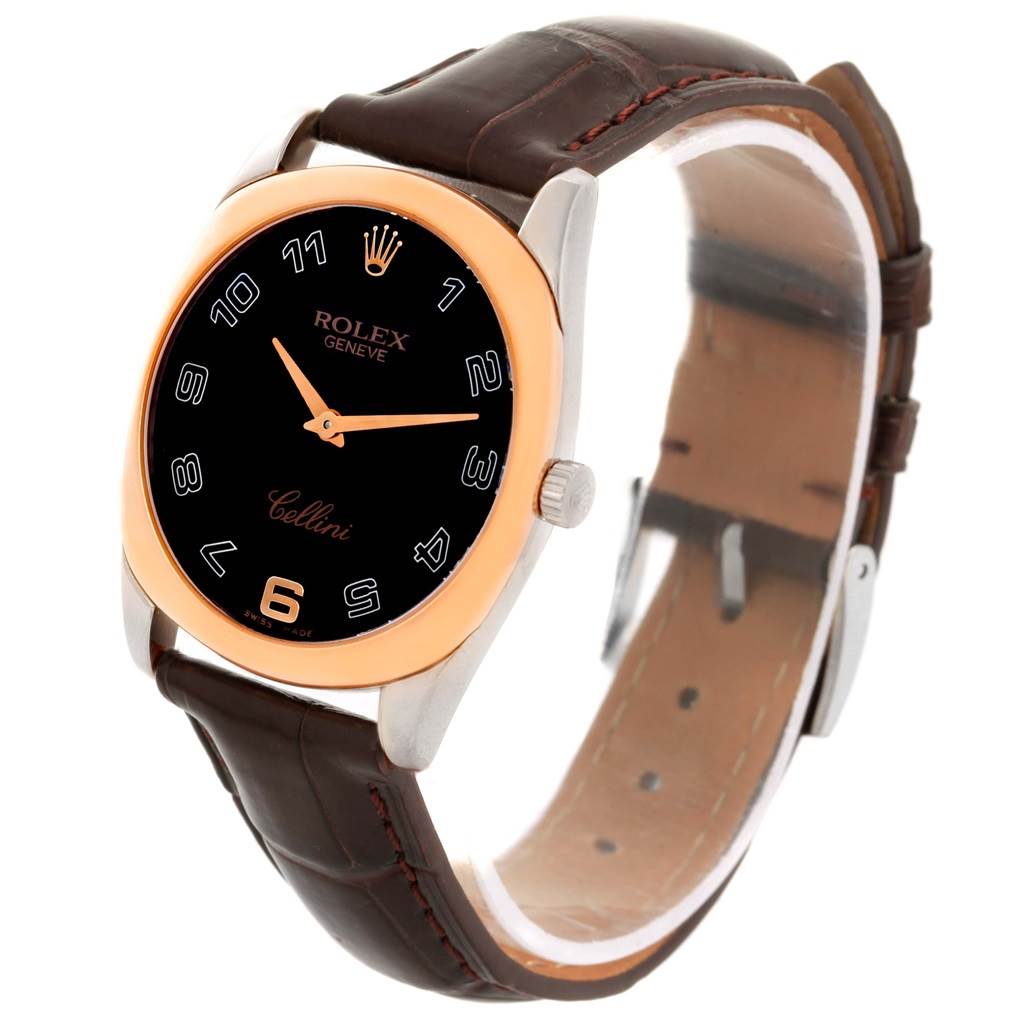 The image shows a Rolex Cellini 4233 Men
s White Gold Black Dial 4233 Men
s White Gold Black Dial watch at a three-quarter angle, highlighting the face, case, and leather strap.