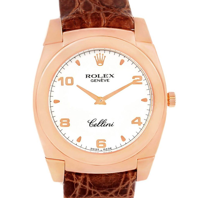 Rolex Cellini Cestello Rose Gold White Dial Brown Strap Watch 5330 SwissWatchExpo