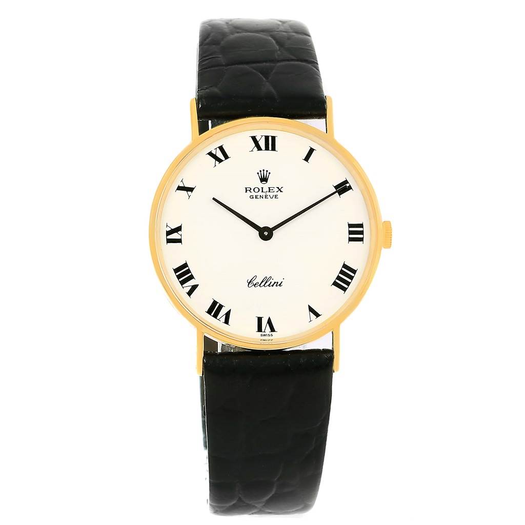 The image shows a front view of a Rolex Cellini 3833 Yellow Gold White Dial 3833 Yellow Gold White Dial watch, featuring a white dial with Roman numerals and a black leather strap.