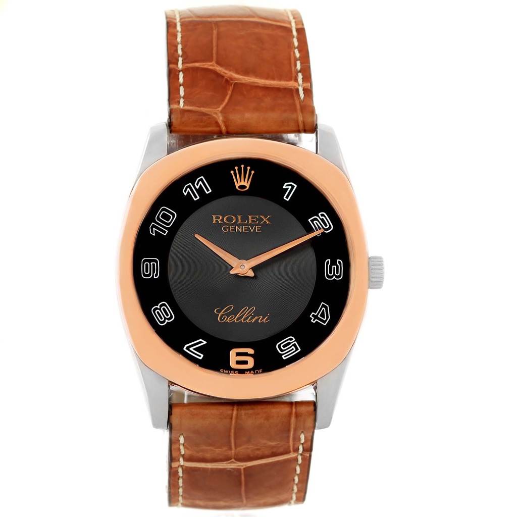 This image shows a front view of the Rolex Cellini 4233 Men
s White Gold Black Dial 4233 Men
s White Gold Black Dial watch, highlighting the dial, case, and leather strap.