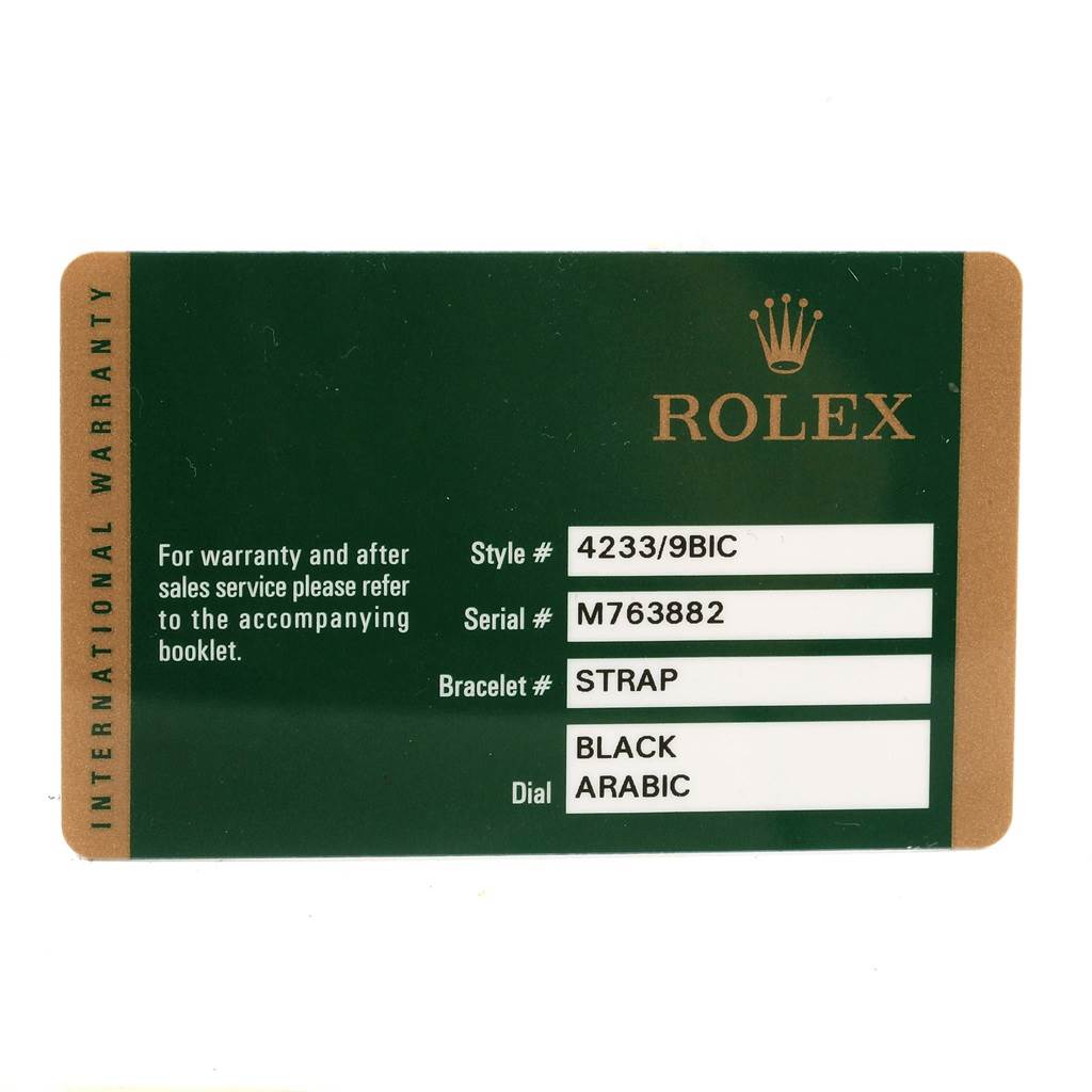 The image shows the warranty card for a Rolex Cellini 4233 Men
s White Gold Black Dial 4233 Men
s White Gold Black Dial model watch.