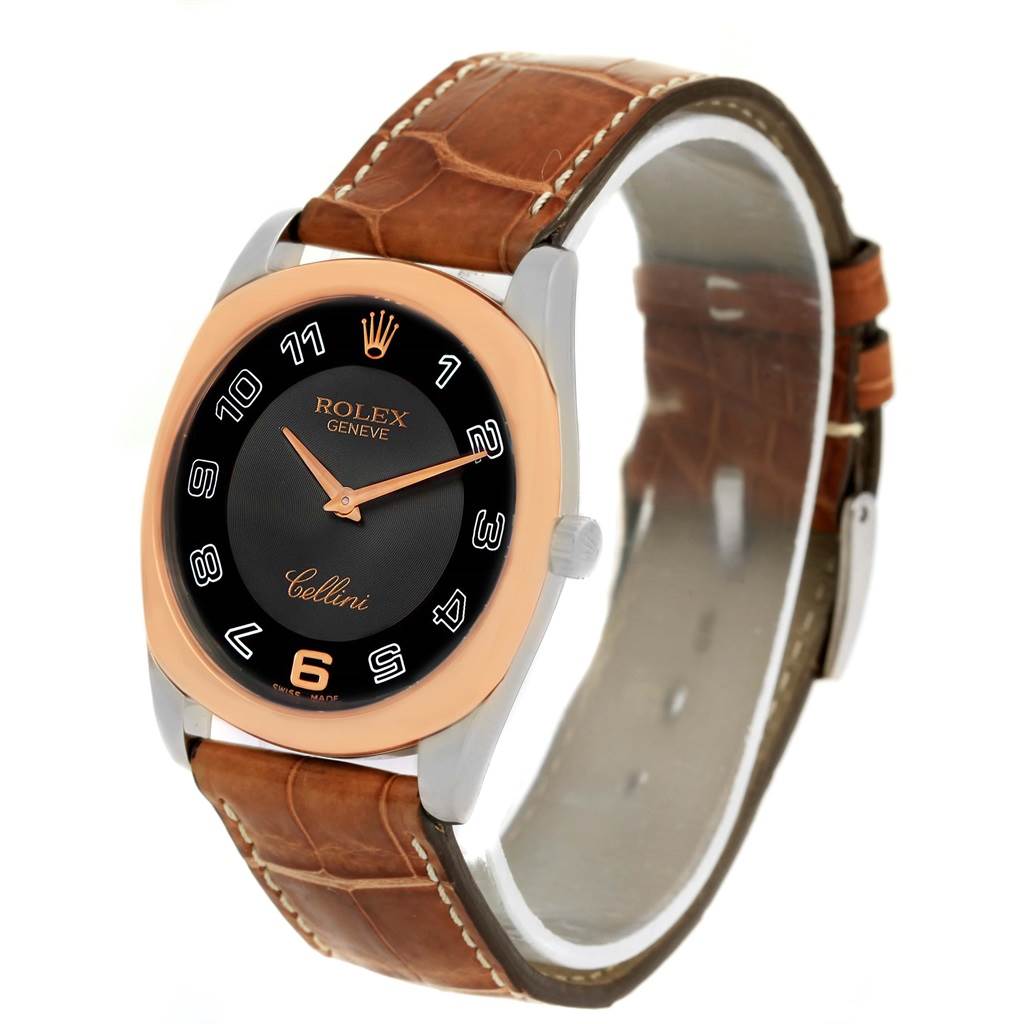 The image shows a Rolex Cellini 4233 Men
s White Gold Black Dial 4233 Men
s White Gold Black Dial watch at a slight angle, highlighting its dial, bezel, strap, and side profile.