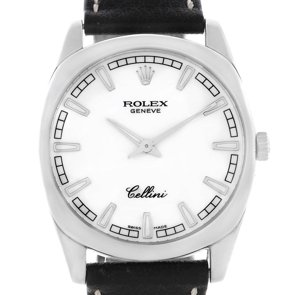 The Rolex Cellini 4243 Men's White Gold White Dial 4243 Men's White Gold White Dial watch is shown from a front angle, displaying its face, dial, and part of the strap.