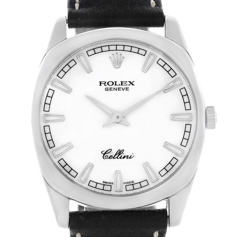 Rolex Cellini Danaos White Gold White Dial Black Strap Mens Watch 4243 SwissWatchExpo