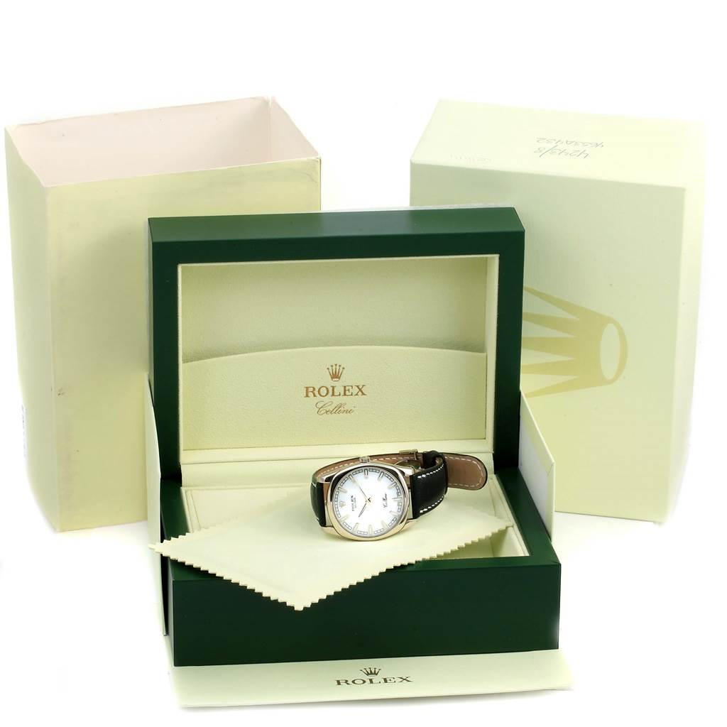 The image shows a Rolex Cellini 4243 Men's White Gold White Dial 4243 Men's White Gold White Dial watch in its opened box with outer packaging visible, photographed from the front angle.