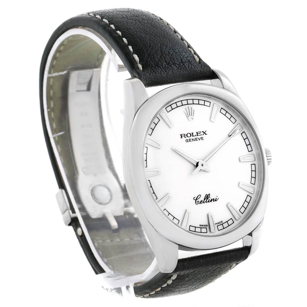 The Rolex Cellini 4243 Men's White Gold White Dial 4243 Men's White Gold White Dial model watch is shown from a front angle, displaying the face, bezel, crown, and leather strap.