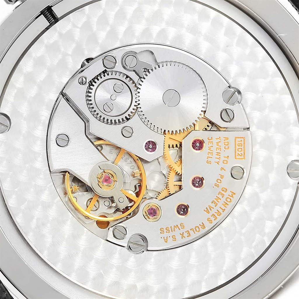 This is a close-up view of the movement inside the Rolex Cellini 4243 Men's White Gold White Dial 4243 Men's White Gold White Dial watch.