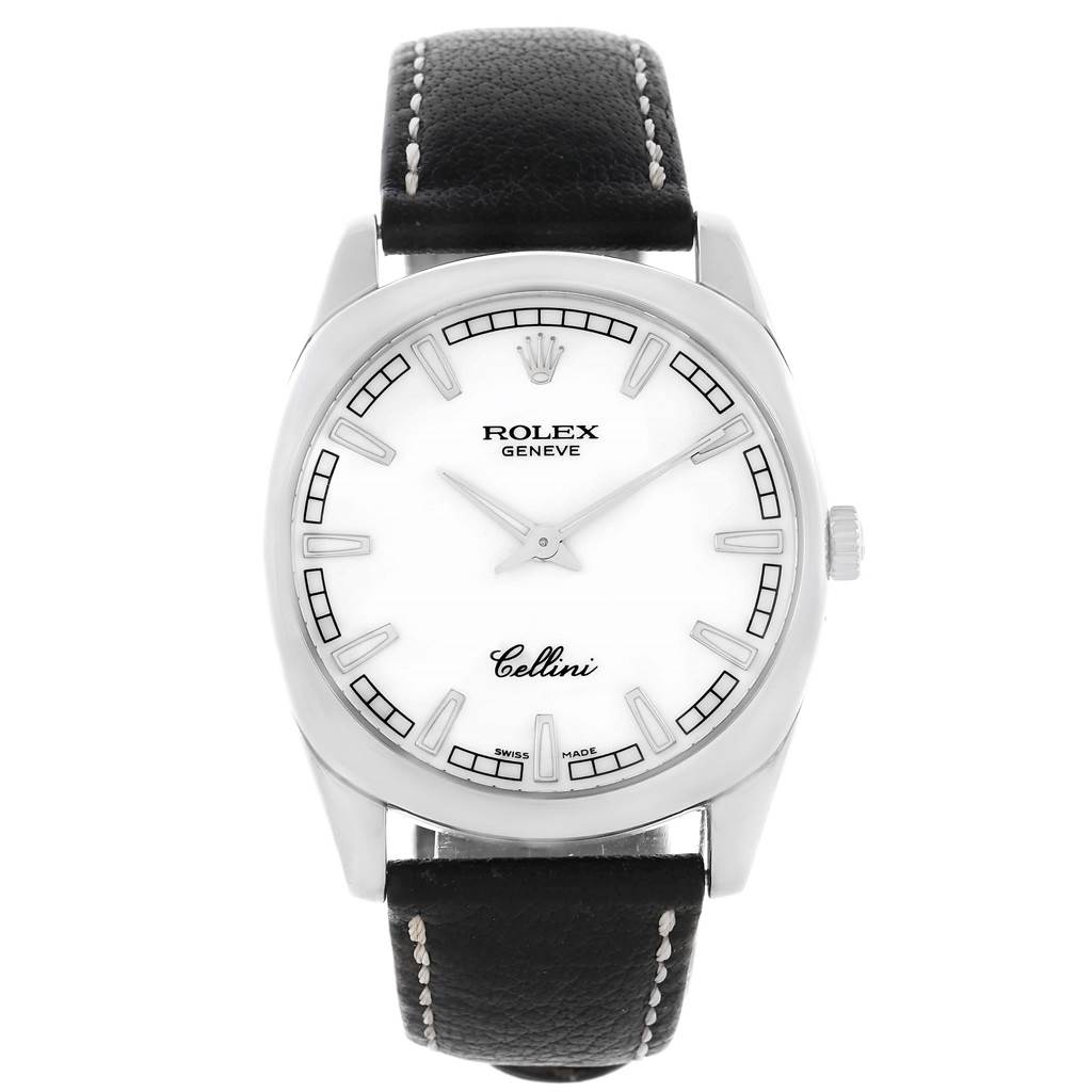 The image shows a front view of a Rolex Cellini 4243 Men's White Gold White Dial 4243 Men's White Gold White Dial model watch, featuring a white dial, silver markers, and a black leather strap.