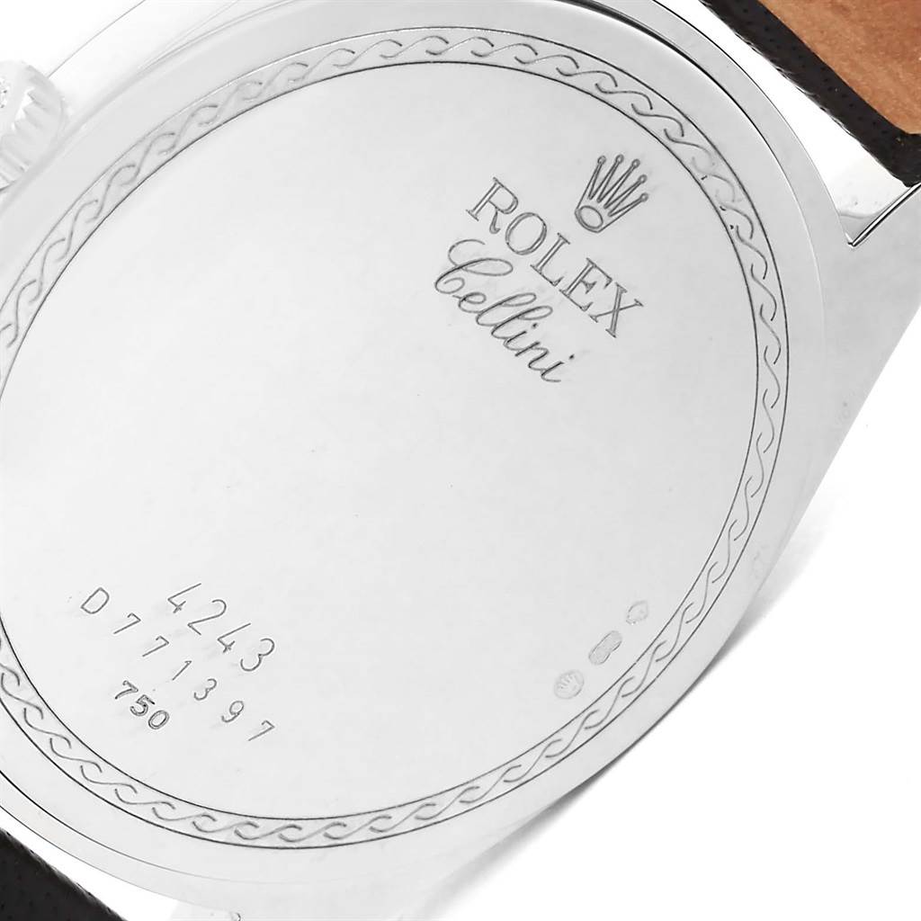 This image shows the back case of a Rolex Cellini 4243 Men's White Gold White Dial 4243 Men's White Gold White Dial watch with engraved model details and serial numbers.