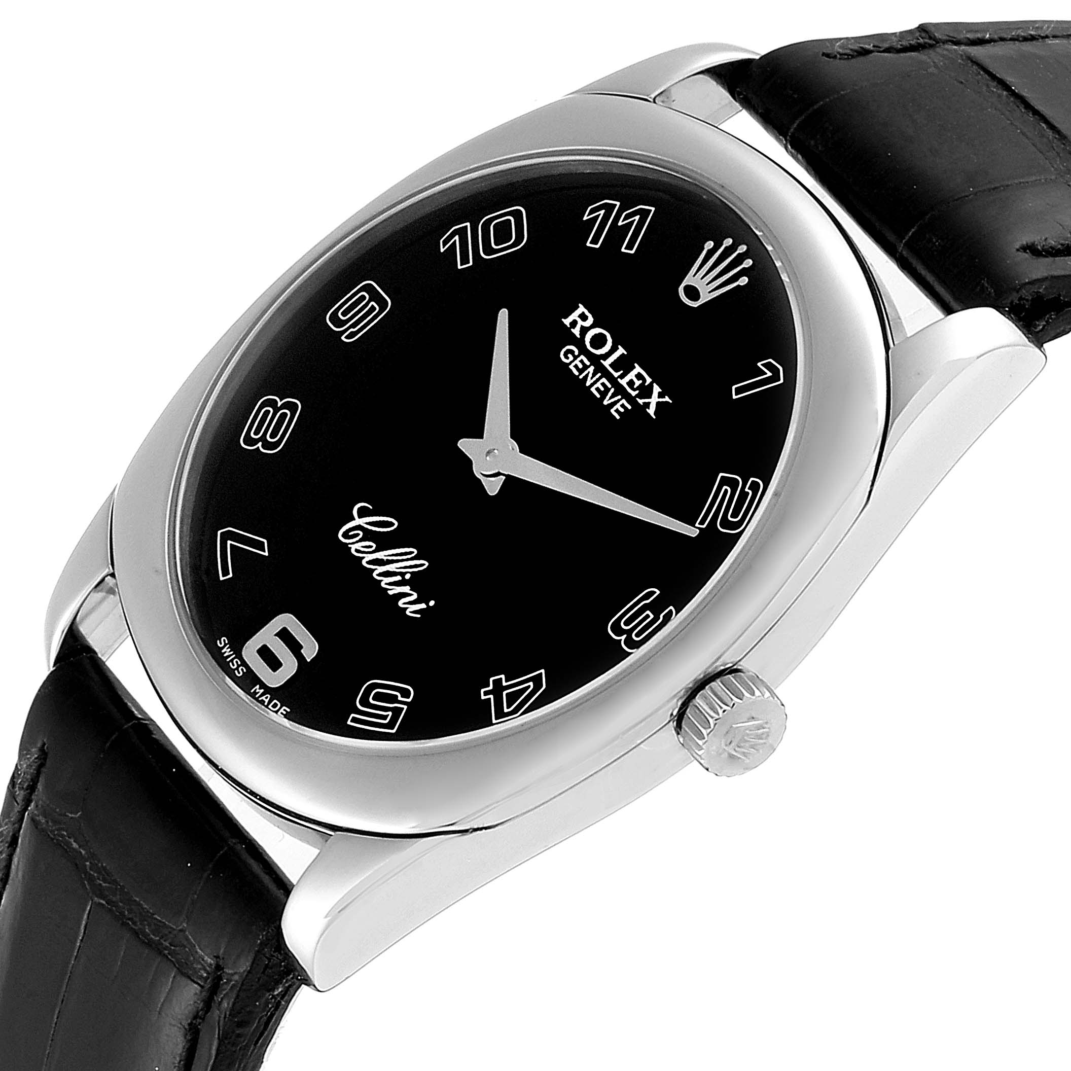 The Rolex Cellini 4233 Men
s White Gold Black Dial 4233 Men
s White Gold Black Dial watch is shown at an angled close-up, displaying its dial, crown, and part of the leather strap.