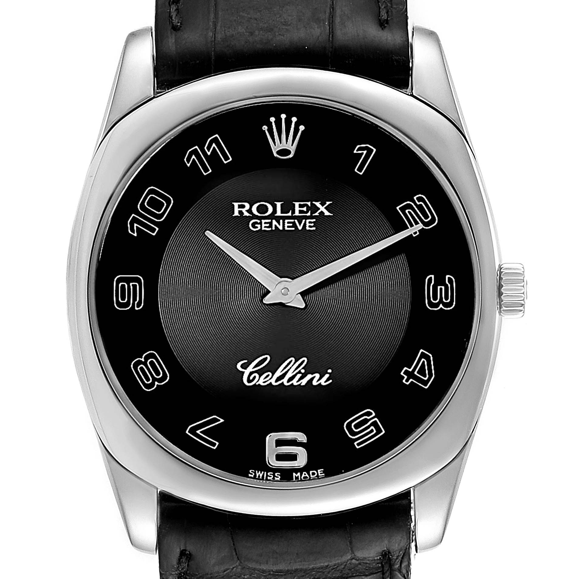 The image shows a front view of a Rolex Cellini 4233 Men
s White Gold Black Dial 4233 Men
s White Gold Black Dial watch, highlighting its black dial, silver hands, and black leather strap.