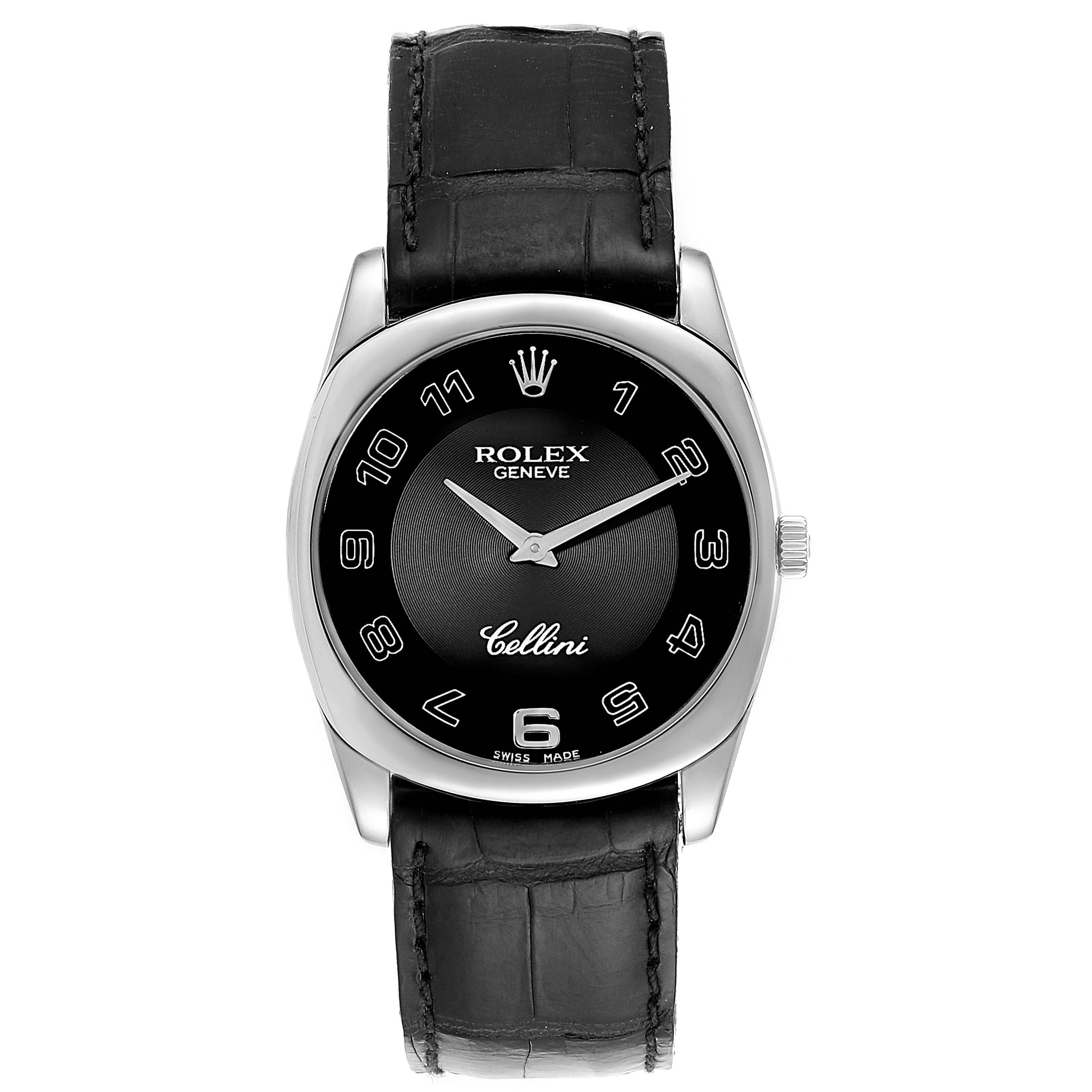 The Rolex Cellini 4233 Men
s White Gold Black Dial 4233 Men
s White Gold Black Dial watch is shown from a front angle, displaying the dial, bezel, and leather strap.