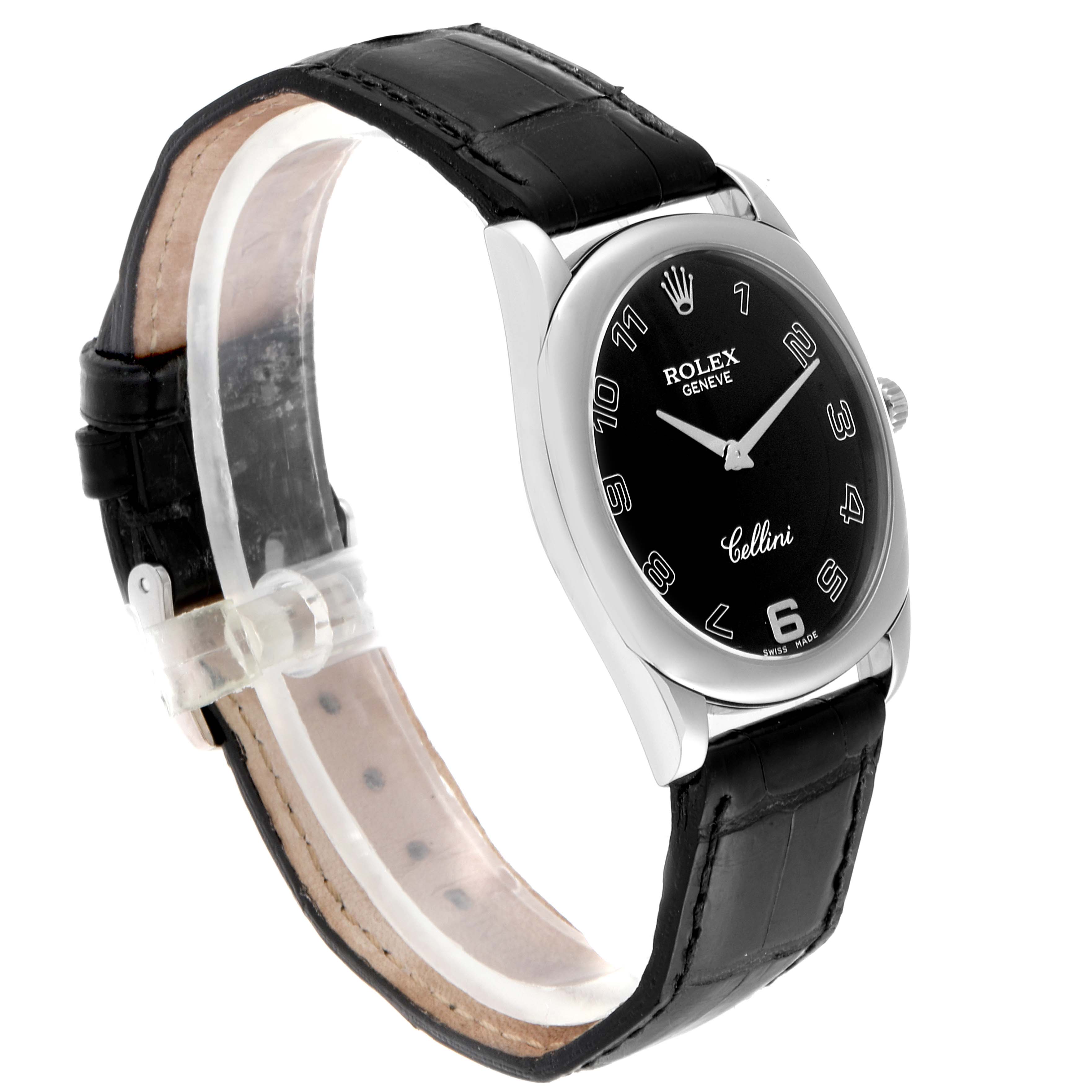 The Rolex Cellini 4233 Men
s White Gold Black Dial 4233 Men
s White Gold Black Dial watch is shown at a slight angle highlighting the black dial, leather strap, and silver case.